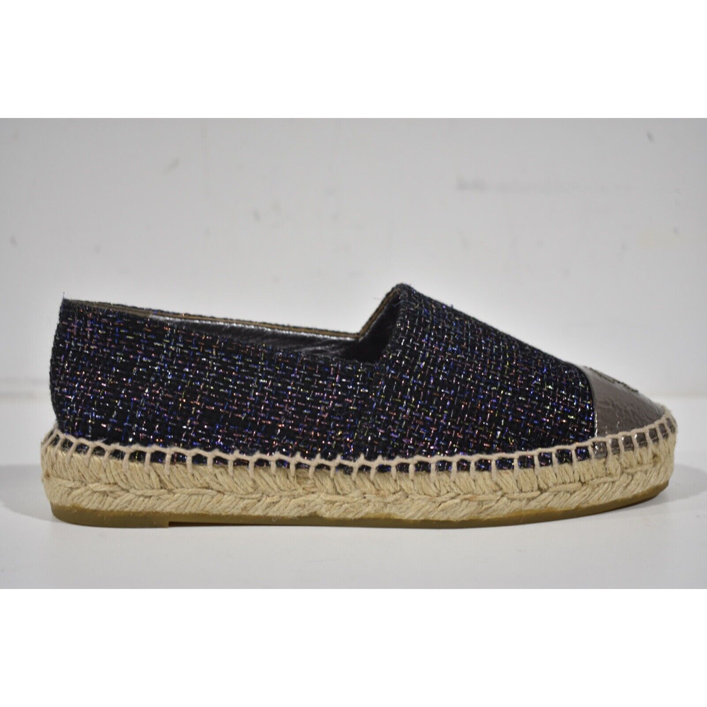 Chanel 16S Black Silver Tweed CC Cap Toe Double Sole Espadrille Ballet Flats 35